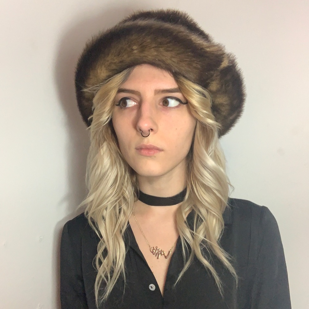 Vintage Pamela McCoy Faux Fur Hat - Brown/black fur, satin lined inside.